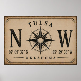 Vintage Tulsa Oklahoma Coördinaten Kompas Poster