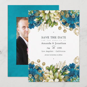 Vintage Turquoise en Gouden Chic Bloemige Bruiloft Save The Date