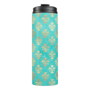 Vintage turquoise en gouden damast met pauwthema thermosbeker