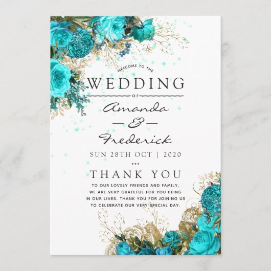 Vintage Turquoise en Gouden Shabby Bruiloftsprogra Programma (Voorkant)
