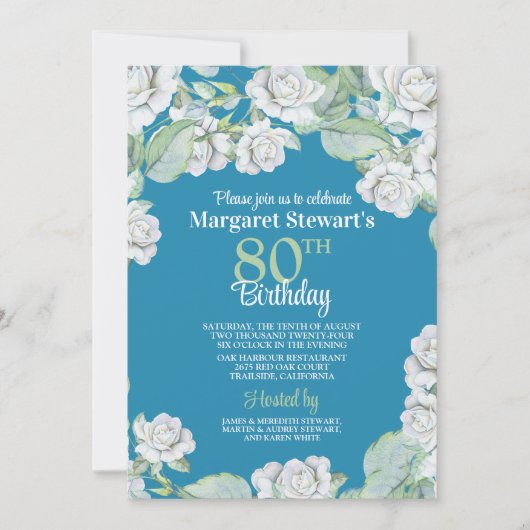Vintage Turquoise Roses Blanches Invitation 80e an (Devant)