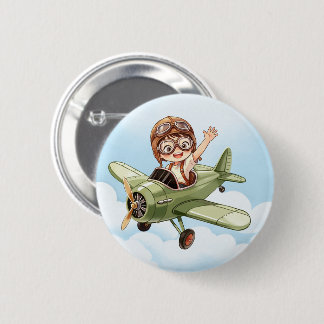 Vintage tweedekker vliegtuig jongen blauwe wolken ronde button 5,7 cm