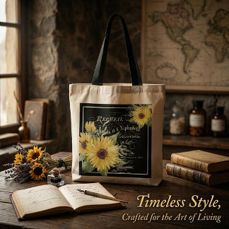 Vintage typografie en zonnebloemen op zwart tote bag