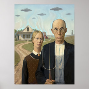 Vintage UFO Alien Parodie American Gothic Poster