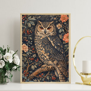 Vintage Uil Bloem Kunst Poster   Bosvogel