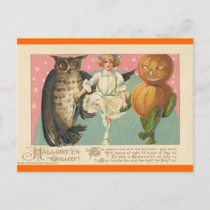 Vintage Uil en kobold Halloween Feestdagenkaart
