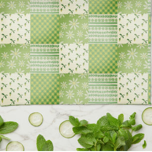 Vintage uitstraling groen geel ecru patchwork theedoek