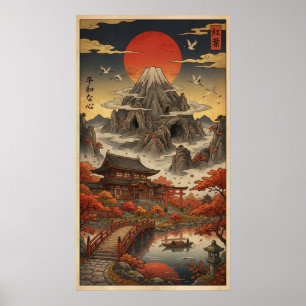 Vintage Ukiyo-e Mount Fuji herfstlandschap Poster