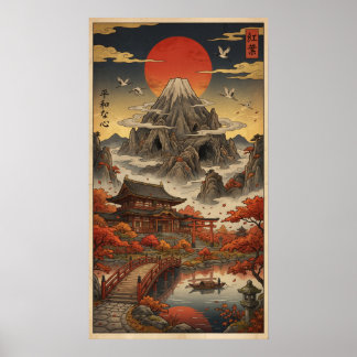 Vintage Ukiyo-e Mount Fuji herfstlandschap  Poster