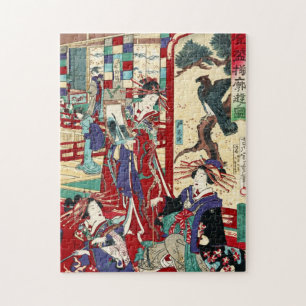 Vintage ukiyo-e trio geisha scroll legpuzzel