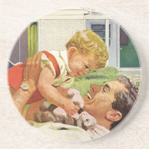 Vintage Vaderdag, Gelukkig Gezin in de Voorsteden Zandsteen Onderzetter
