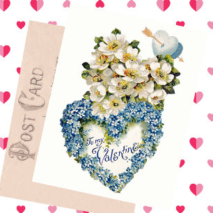 Vintage Valentijnsdagkaart Blauwe Bloemhart  Feestdagenkaart