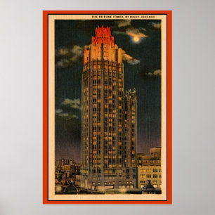 Vintage van de tribune toren bij nacht in Chicago Poster
