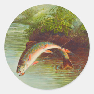 Vintage van leapende brook forel ronde sticker