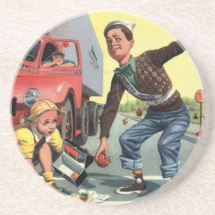 Vintage Veiligheidspatrouille Overstekende Bewaker Zandsteen Onderzetter