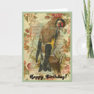 Vintage Verjaardagsvogel Met Bloemige Achtergrond Kaart