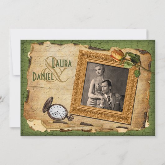 Vintage Vert, Gold Frame Photo Wedding Invitation  (Devant)