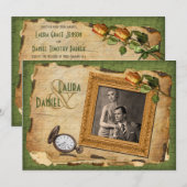 Vintage Vert, Gold Frame Photo Wedding Invitation  (Devant / Derrière)