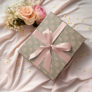 Vintage Vervaaagde Perzikroze Rozen Stof Groen  Cadeaupapier