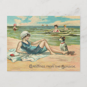 Vintage Victoriaans meisje en hond Zeezijde antiek Briefkaart