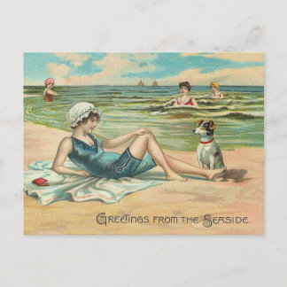 Vintage Victoriaans meisje en hond Zeezijde antiek Briefkaart