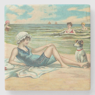 Vintage Victoriaans meisje en hond Zeezijde antiek Stenen Onderzetter