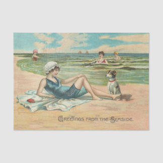 Vintage Victoriaans meisje en hond Zeezijde antiek Tissuepapier