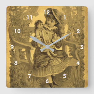 Vintage Victoriaans meisje met pop op bank Vierkante Klok