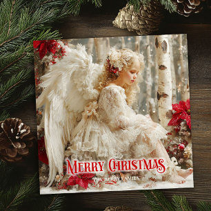 Vintage victoriaanse engel rode poinsettia's feest feestdagenkaart