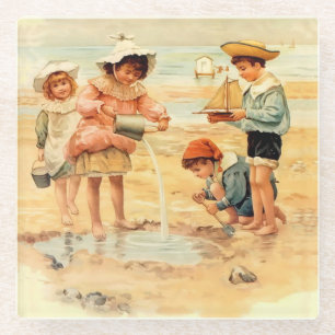 Vintage Victoriaanse Kinderen Aan Het Strand Fijne Glazen Onderzetter