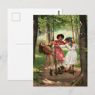Vintage Victoriaanse Meisjes op Bos Schommel Kunst Briefkaart