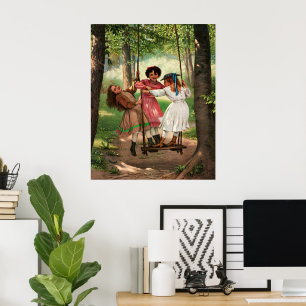 Vintage Victoriaanse Meisjes op Bos Schommel Kunst Poster