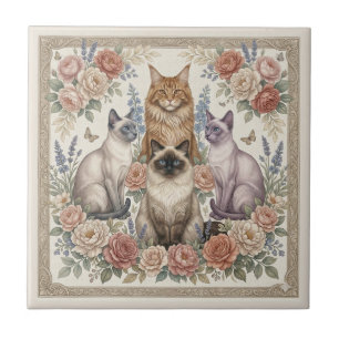 Vintage Victoriaanse Sierbloem Feline Kunst Tegeltje