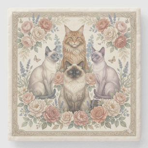 Vintage Victoriaanse Sierbloem Kat Kunst Stenen Onderzetter