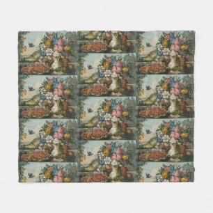 Vintage Victoriaanse Stillevens met Bloemen en Fru Fleece Deken