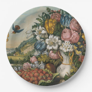 Vintage Victoriaanse Stillevens met Bloemen en Fru Papieren Bordje
