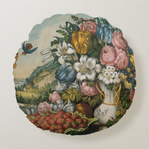 Vintage Victoriaanse Stillevens met Bloemen en Fru Rond Kussen