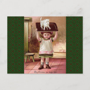 Vintage Victorian Christmas Cat on Tea Tray 1880s Feestdagenkaart