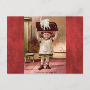 Vintage Victorian Christmas Cat on Tea Tray 1880s Feestdagenkaart