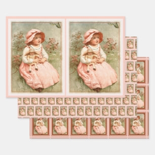 Vintage Victorian Girl with Doll Butterflies Pink Inpakpapier Vel