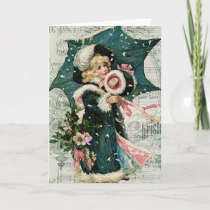 Vintage Victorian Girl with Umbrella Christmas Feestdagen Kaart