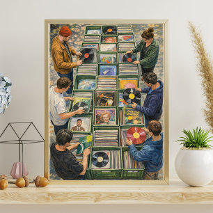 Vintage vinylplaat markt scène poster