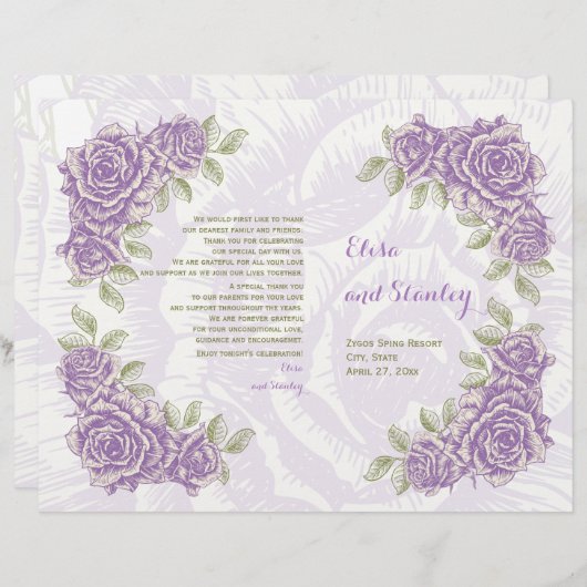 Vintage violet rose programme plié mariage (Devant / Derrière)
