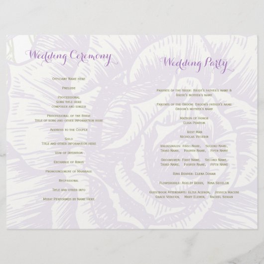 Vintage violet rose programme plié mariage (Dos)