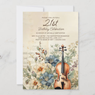 Vintage Viool Stofblauwe Bloemen 21e Verjaardag Kaart