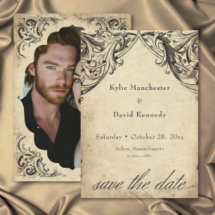 Vintage vleermuis tot de dood zwart perkament foto save the date