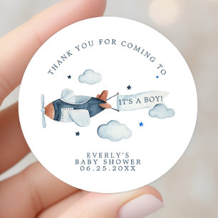 Vintage Vliegtuig Jongen Baby Shower Bedankt Ronde Sticker