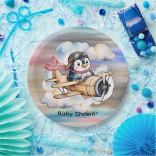 Vintage Vliegtuig Pinguïn Jongen Baby Shower Papieren Bordje