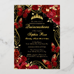 Vintage Vlinder Bloem Rode Quinceanera Folie Uitnodiging