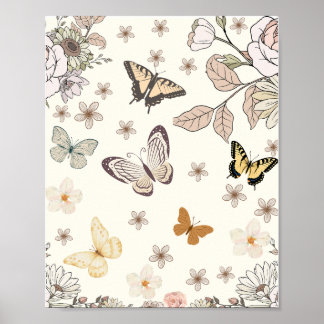Vintage Vlinder en Bloemige Esthetische Wandkunst Poster